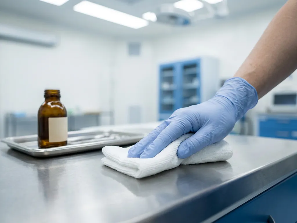 Gehandschoende hand die een roestvrijstalen klinisch oppervlak reinigt met microvezeldoek, desinfectiemiddel in amberkleurig flesje op ziekenhuistafel.