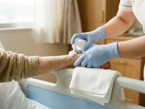 Verzorger met handschoenen brengt droogwasschuim aan op de onderarm van een oudere patiënt, witte handdoek op blauwe bedrail.