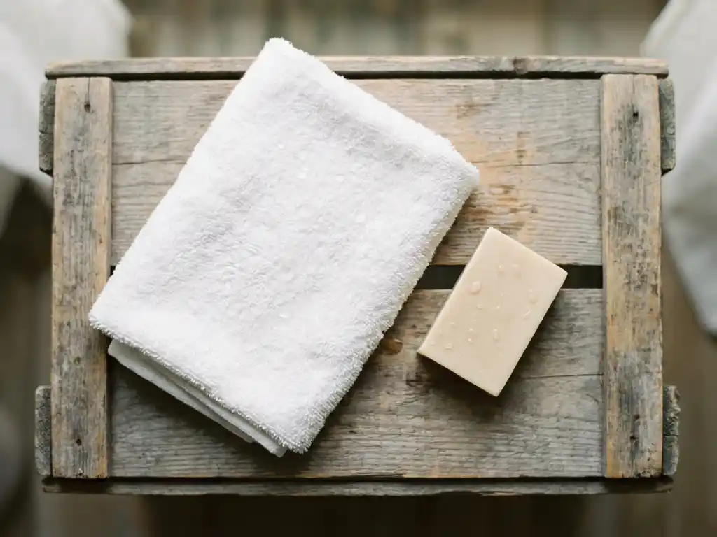 Gevouwen witte washand op verweerde houten krat met waterdruppels en een stuk zeep ernaast.