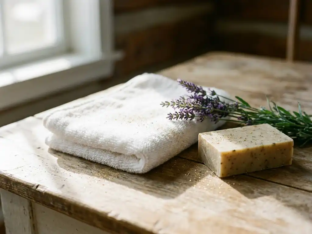 Gevouwen wit washandje op houten ondergrond met een stuk natuurlijke zeep, lavendeltak en gouden festivalkruimels.