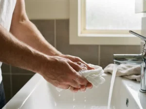 Mannenhanden houden een zachte witte washand vast boven een badkamerwasktafel, met zichtbaar zeepschuim en warme waterdruppels.