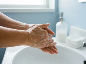 Handen die zorgvuldig worden ingezeept boven een witte klinische wastafel, met zeepdispenser en medisch gaas op de achtergrond.