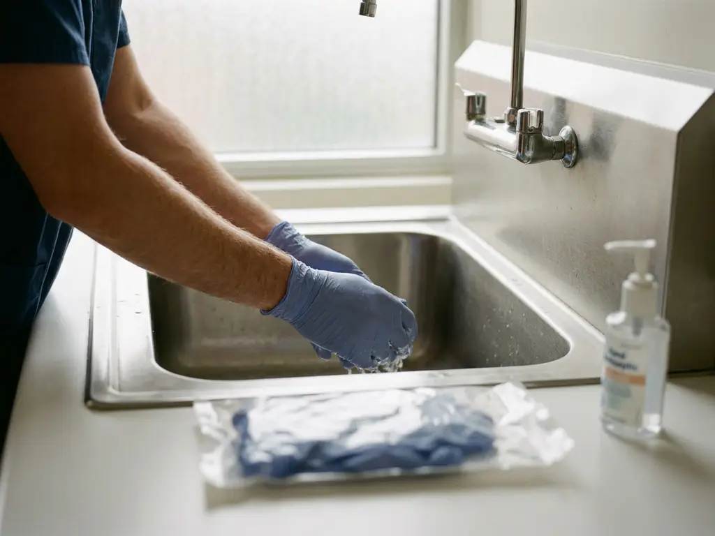 Zorgprofessional wast gehandschoende handen bij roestvrijstalen klinische wastafel, met steriele handschoenen en antiseptische dispenser op het aanrecht.