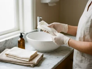 Handen die een wit medisch zorgproduct vasthouden bij een marmeren wastafel met gevouwen handdoeken en een amberkleurige zeepdispenser.