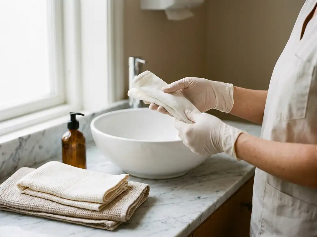 Handen die een wit medisch zorgproduct vasthouden bij een marmeren wastafel met gevouwen handdoeken en een amberkleurige zeepdispenser.