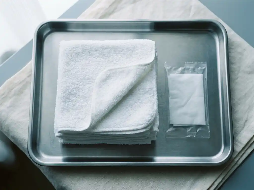 Gevouwen witte medische washandjes op een klinisch oppervlak, één gedeeltelijk opengevouwen met zichtbare textuur, naast een verzegeld wegwerpzakje.