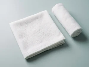 Gevouwen witte washand op een gladde ondergrond met waterdruppels, naast een opgerolde washand in wit, grijs en lichtblauw.
