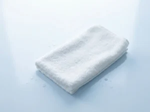 Zacht gevouwen wit washandje op een klinisch witte ondergrond met waterdruppels en een rustige, hygiënische sfeer.