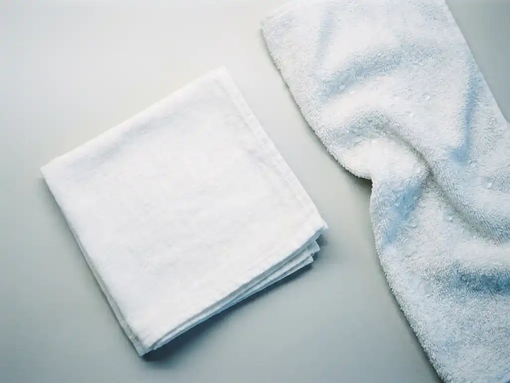 Gevouwen witte washandjes op een klinisch oppervlak, met zichtbare waterdruppels op het vochtige doek.