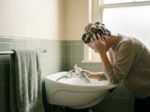 Persoon die haar wast met schuimshampoo zonder spoelen boven een witte wasbak in een zorgomgeving.