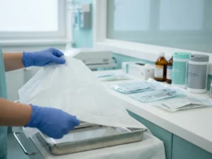 Zorgprofessional met handschoenen die een steriel wegwerpkleed over een klinische dienblad plaatst, met antiseptische benodigdheden op de achtergrond.
