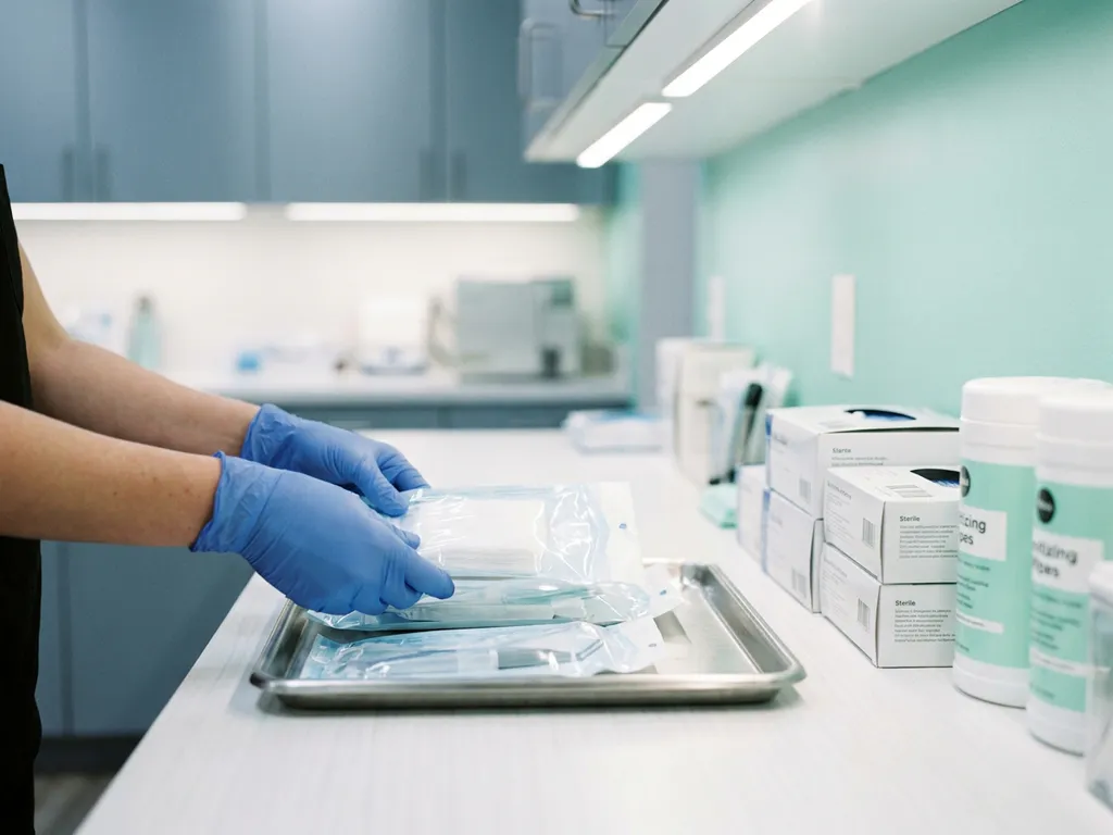 Zorgprofessional met handschoenen rangschikt steriele wegwerpbenodigdheden op roestvrijstalen dienblad in klinische omgeving.