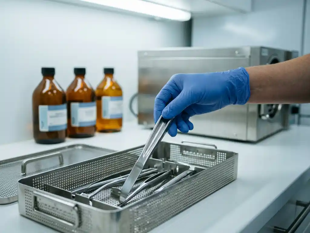 Gehandschoende hand die een roestvrijstalen chirurgisch instrument in een autoclaaf sterilisatiebak plaatst, met reinigingsflessen op de achtergrond.