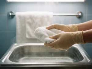 Verpleegkundige handen in handschoenen houden een witte washand boven een bekken met warm water, stoom stijgt op in een rustige zorgomgeving.