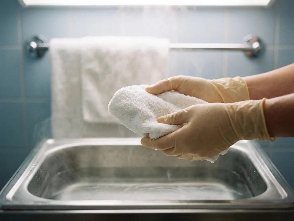 Verpleegkundige handen in handschoenen houden een witte washand boven een bekken met warm water, stoom stijgt op in een rustige zorgomgeving.