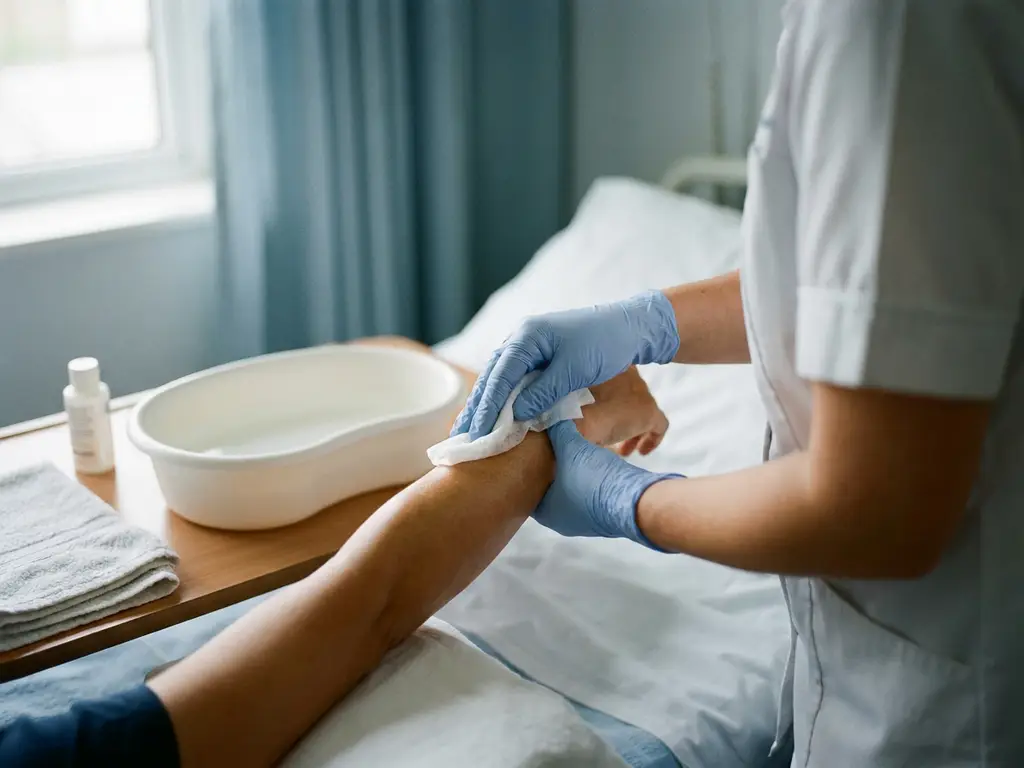 Verpleegkundige in handschoenen wast voorzichtig de arm van een patiënt met een wegwerpwashandje naast een witte waskom.