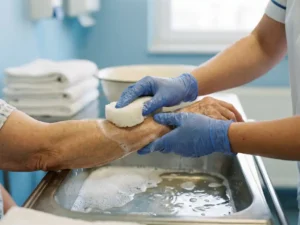 Verpleegkundige in handschoenen wast voorzichtig de arm van een patiënt met een spons in een klinische omgeving.
