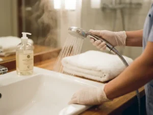 Verzorger houdt doucheknop boven witte wastafel met stromend water, gevouwen handdoek en zeeppompje op schoon oppervlak.