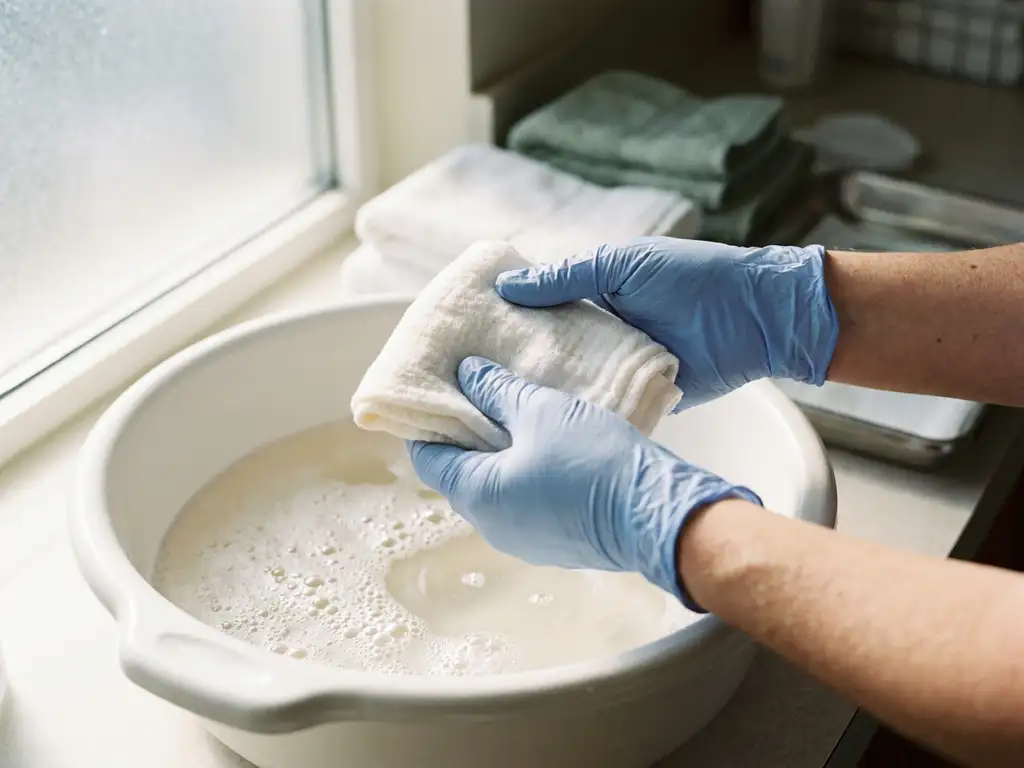 Verzorger met latex handschoenen wringt witte washand uit boven bekken met warm zeepwater in zorgomgeving.