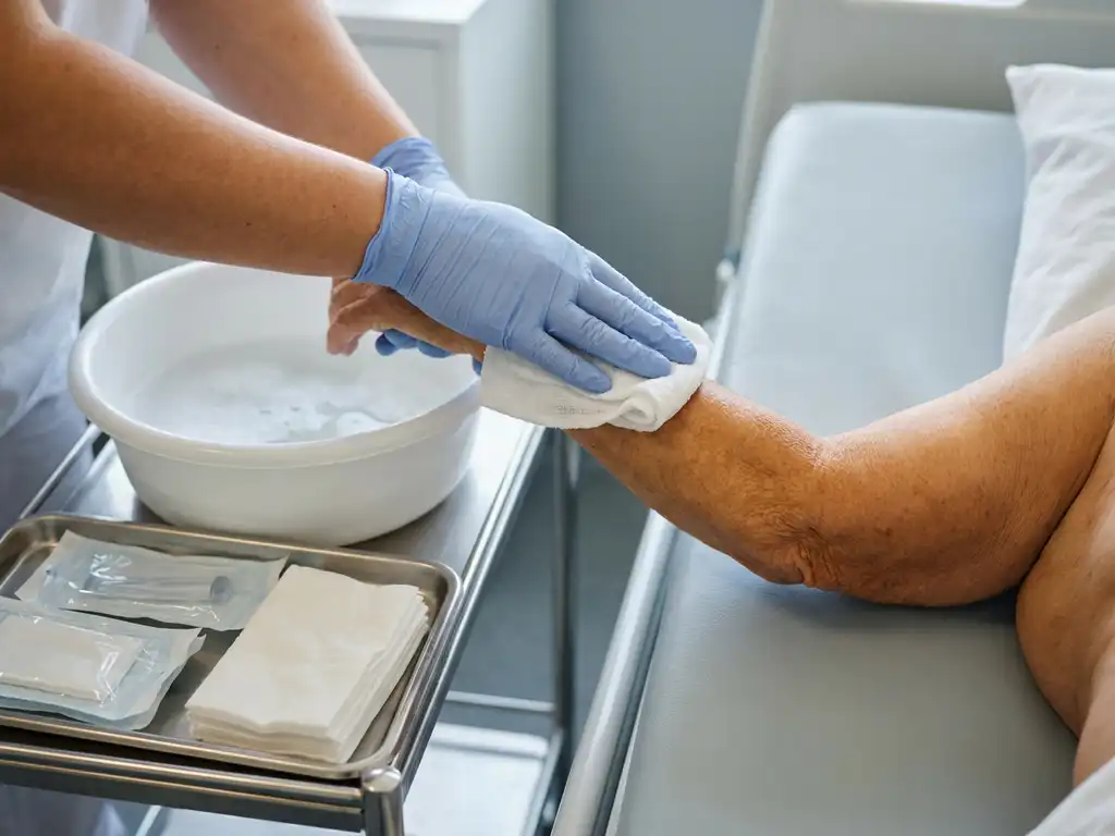 Verzorger in latex handschoenen wast voorzichtig de arm van een oudere patiënt met een doek, witte kom met zeepwater op achtergrond.