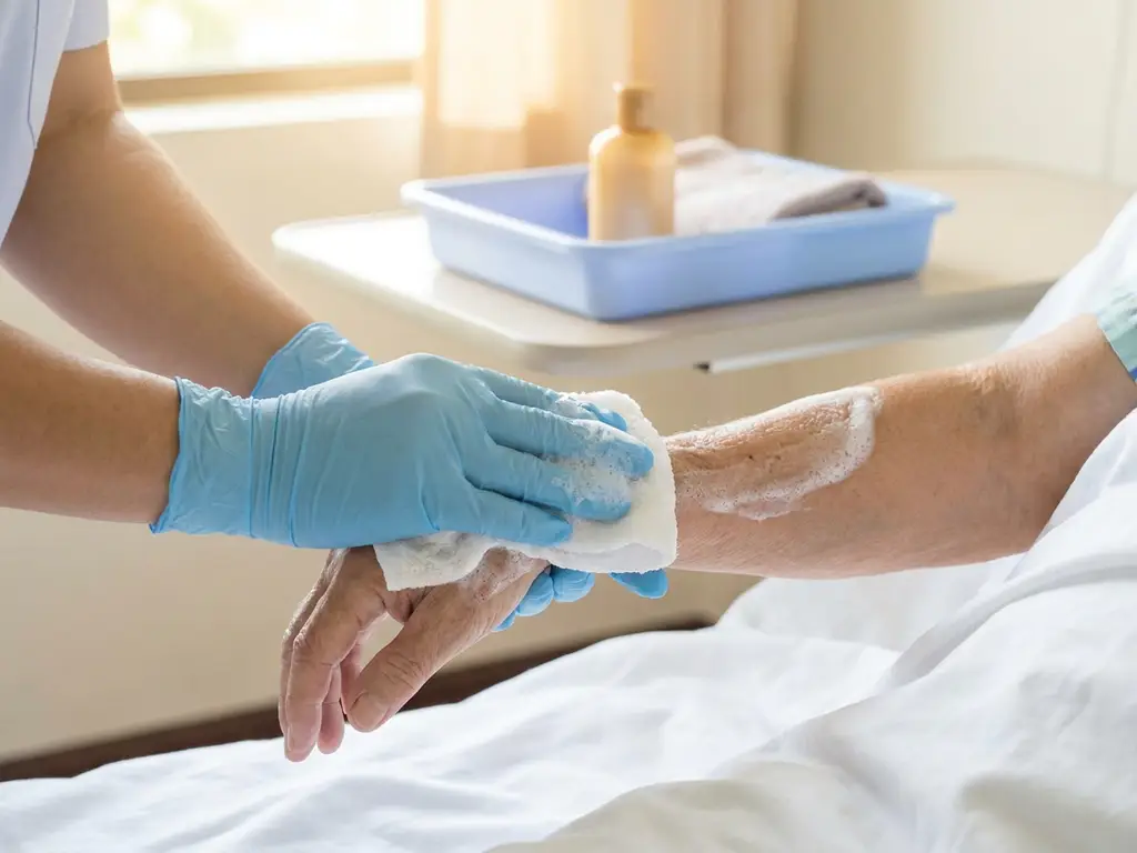 Verzorger in handschoenen wast voorzichtig de arm van een patiënt met een witte washand en reinigingsschuim naast zachte witte beddengoed.