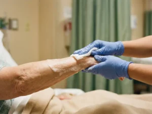 Verzorger met handschoenen wast voorzichtig de arm van een oudere patiënt met een wegwerpwashandje en schuim.