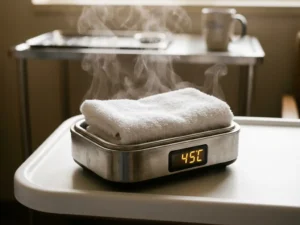 Vochtige washand in een klinische warmhoudapparaat op een wit ziekenhuisdienblad, met licht opstijgende stoom.