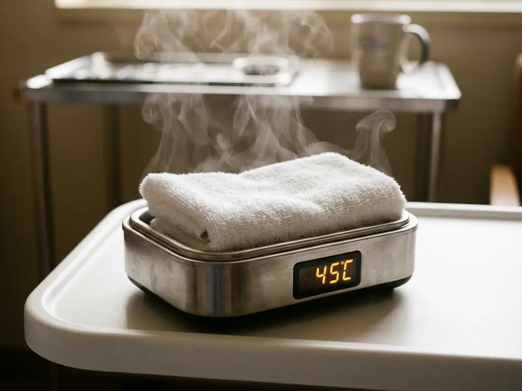 Vochtige washand in een klinische warmhoudapparaat op een wit ziekenhuisdienblad, met licht opstijgende stoom.