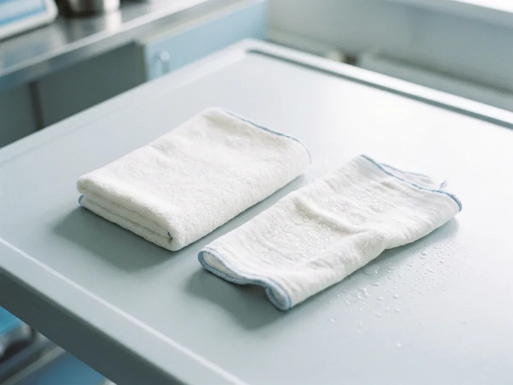 Zacht gevouwen witte washandjes op een klinisch oppervlak, met glinsterende waterdruppels op het vochtige katoen.