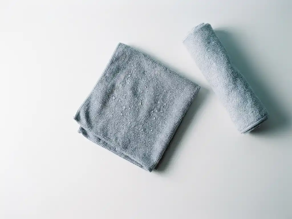 Vochtige gevouwen washand op wit oppervlak naast een opgerolde washand, met glinsterende waterdruppels op katoenen weefsel.