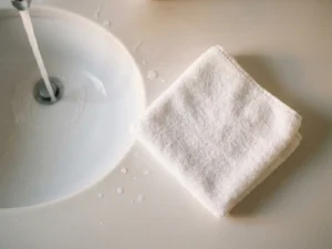 Opgevouwen witte washand naast een zachte waterstraal op een klinisch witte ondergrond, met lichtreflecties op waterdruppels.