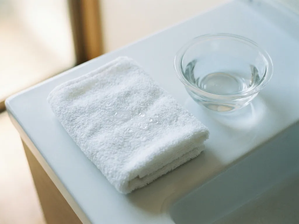 Opgevouwen witte washand op keramisch oppervlak naast glazen kommetje water, met glinsterende druppels op het katoenen weefsel.