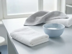 Gevouwen witte washandjes naast een kom warm water op een klinisch oppervlak in een hygiënische zorgomgeving.