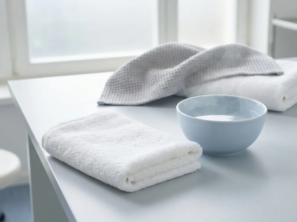 Gevouwen witte washandjes naast een kom warm water op een klinisch oppervlak in een hygiënische zorgomgeving.