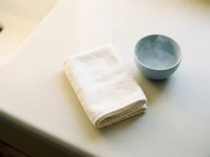 Zacht gevouwen wit washandje naast een kom warm water met lichte stoom, minimale compositie in witte en grijze tinten.
