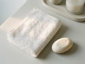 Gevouwen witte washand op klinisch oppervlak met een klein stukje zeep ernaast, zachte waterdruppels zichtbaar op de stof.
