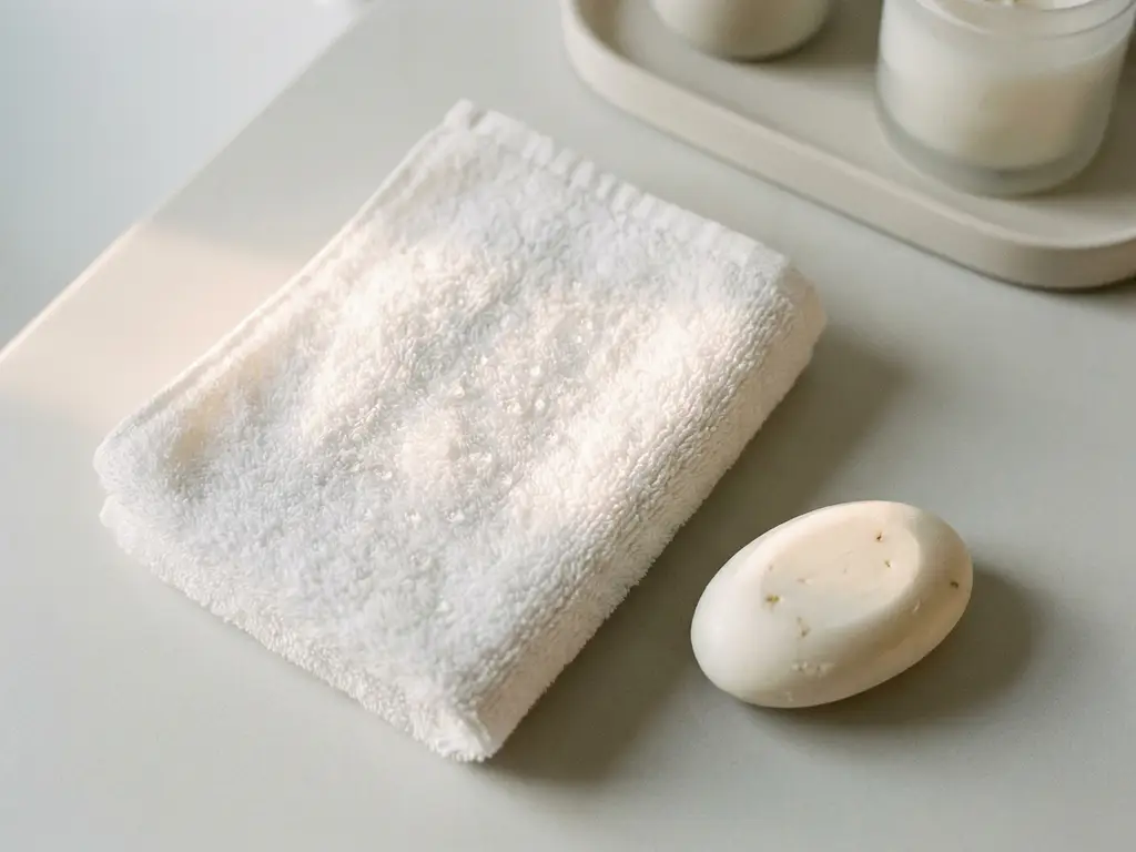 Gevouwen witte washand op klinisch oppervlak met een klein stukje zeep ernaast, zachte waterdruppels zichtbaar op de stof.