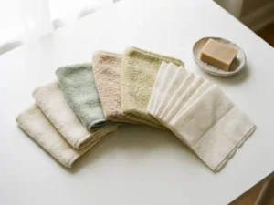 Verschillende washandjes van katoen, nonwoven en badstof uitgewaaierd naast een keramisch zeepschaaltje op wit oppervlak.