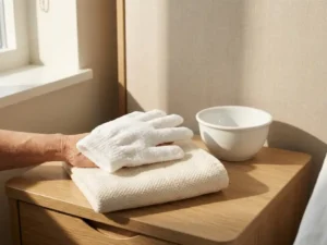 Wit washandje zonder spoelen op gevouwen crème handdoek naast een kleine kom, zachte zorgomgeving met neutrale linnen tinten.