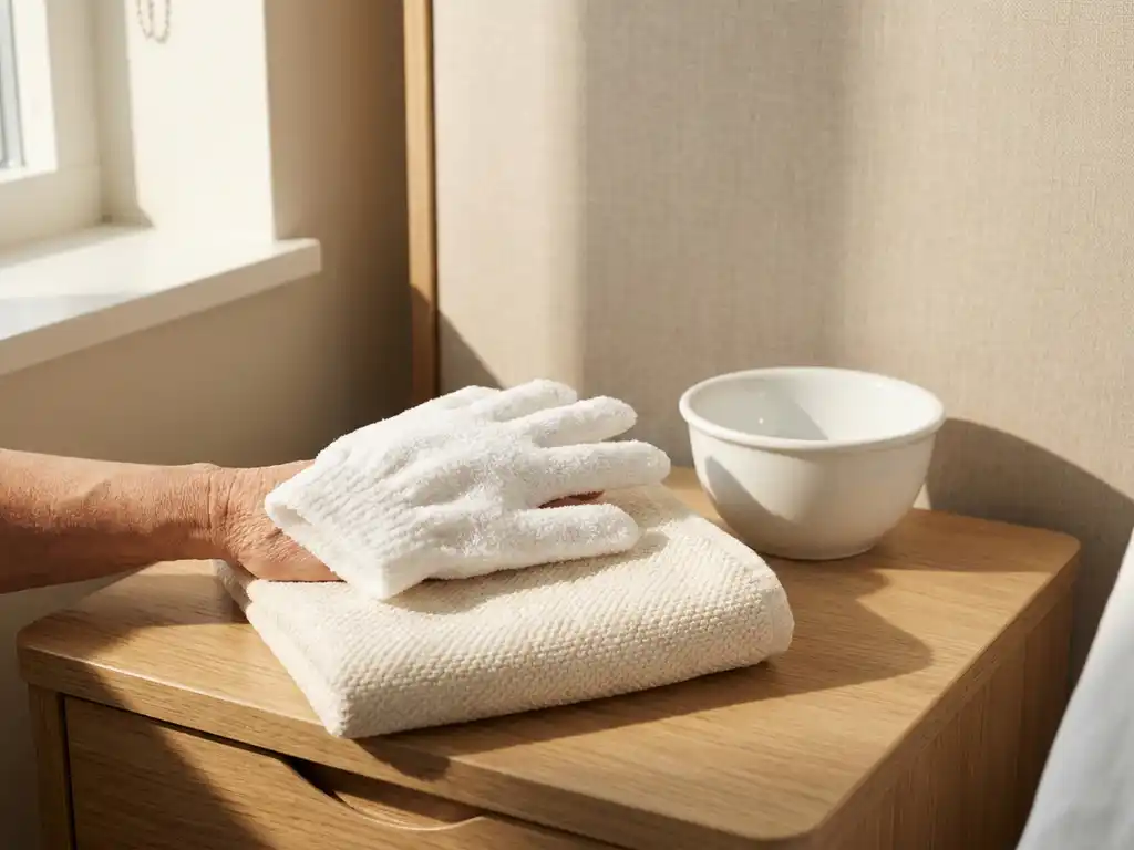 Wit washandje zonder spoelen op gevouwen crème handdoek naast een kleine kom, zachte zorgomgeving met neutrale linnen tinten.