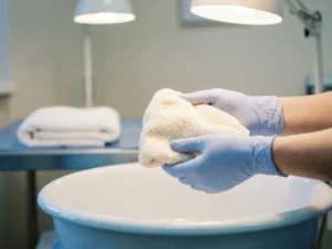 Gehandschoende handen houden een zachte witte washand boven een klinische wasbak, gevouwen handdoek op steriel oppervlak op de achtergrond.