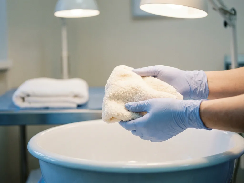 Gehandschoende handen houden een zachte witte washand boven een klinische wasbak, gevouwen handdoek op steriel oppervlak op de achtergrond.