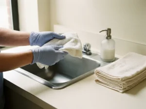 Gehandschoende handen houden een zachte witte washand boven een klinische wasbak, met gevouwen handdoek en zeepdispenser op witte ondergrond.