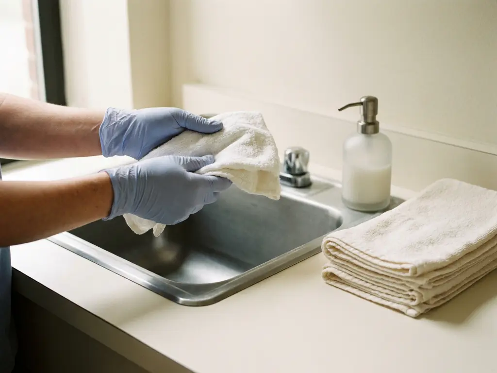 Gehandschoende handen houden een zachte witte washand boven een klinische wasbak, met gevouwen handdoek en zeepdispenser op witte ondergrond.