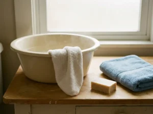 Witte washand over rand van witte waskom met warm water, zeep en gevouwen handdoek op licht houten oppervlak.