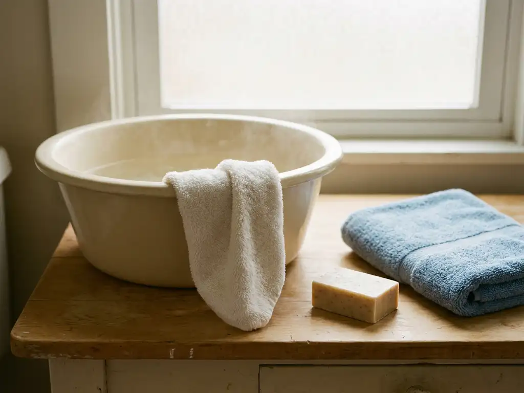 Witte washand over rand van witte waskom met warm water, zeep en gevouwen handdoek op licht houten oppervlak.