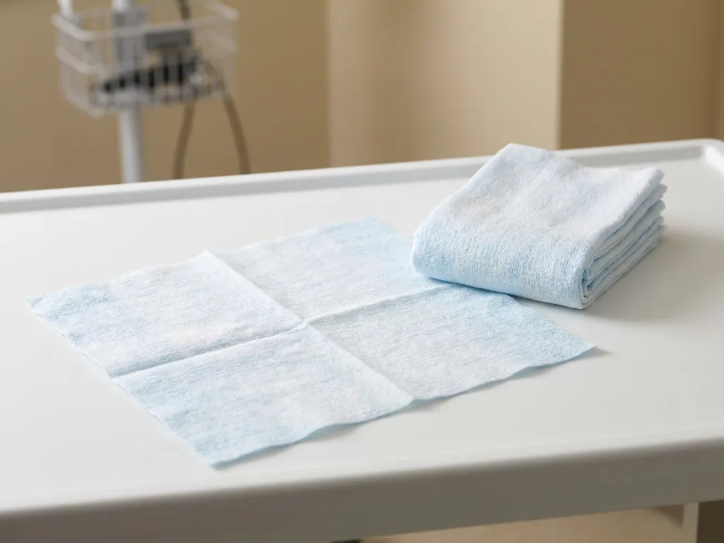 Wegwerpbare medische washand in lichtblauw en wit, ontvouwen op klinisch wit oppervlak naast een gevouwen exemplaar.