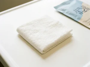 Gevouwen wegwerp washandje op wit klinisch oppervlak, zacht katoenen textuur in lichtblauwe en beige tinten.
