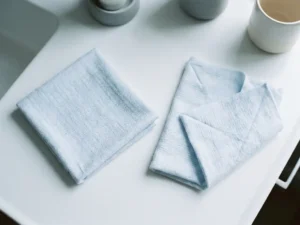 Opgevouwen wegwerp washandjes op wit klinisch oppervlak, zachte katoenen textuur zichtbaar in studiobelichting.