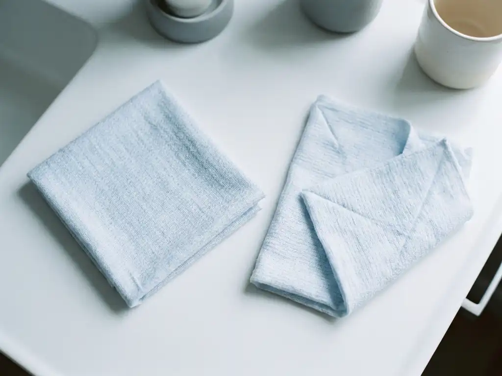 Opgevouwen wegwerp washandjes op wit klinisch oppervlak, zachte katoenen textuur zichtbaar in studiobelichting.